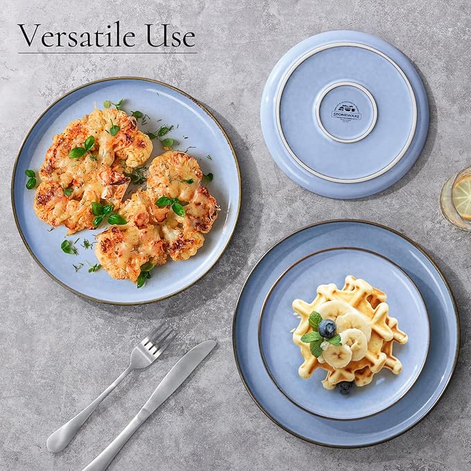 E-far 8” Ceramic Salad Plates Set of 6, Reactive Glaze Stoneware Dishes, Round Dessert Plate for Home Kitchen Restaurant, Microwave & Dishwasher Safe – Ocean Blue