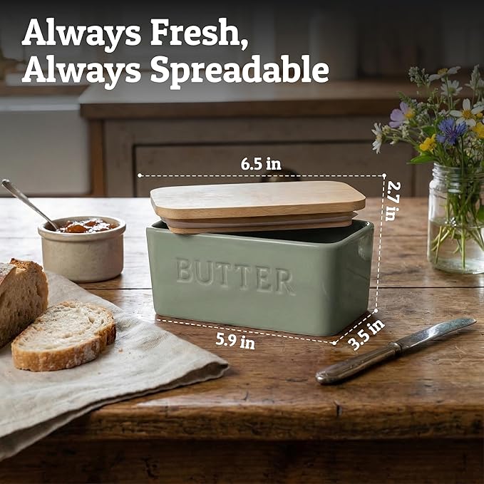 PriorityChef Extra Large Butter Dish with Lid for Countertop, Ceramic Butter Container With Airtight Cover, Butter Keeper for Counter or Fridge, Butter Holder Storage, Sage Green