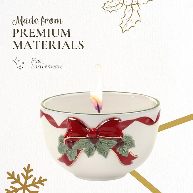 Spode Christmas Tree Ribbons Tea Light Candle Holder, 22K Gold Accents on Fine Earthenware, 3.75" Votive Candle Holder & Festive Holiday Decor - Ideal for Christmas Table Centerpieces
