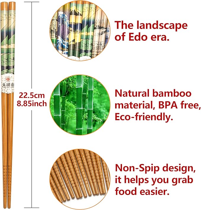 10 Pairs Reusable Bamboo Chopsticks, Edo period Landscape Pattern Natural Bamboo Wood Chopsticks, 8.8Inch/22.5cm Polybag packing by LANHUTHS