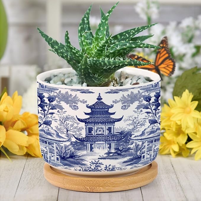 Chinoiserie Blue Asian Planters Ceramic Chinoiserie Chic Asian Round Plant Pots with Drainage Holes and Bamboo Tray Pot for Indoor Outdoor Garden
