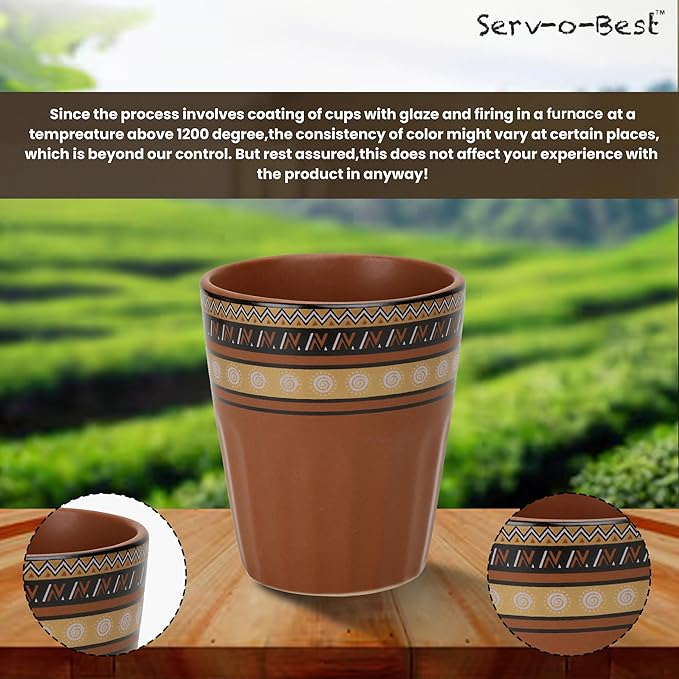 Handmade Cantaritos de Barro Ceramic Tea Cups Set – 6 Desi Kulhad Chai/ Coffee (5 oz Capacity), Lead-Free, Dishwasher & Microwave Safe, Glazed, finish Clay Tea/ kulhar/ kullar - Brown Rangoli desgin