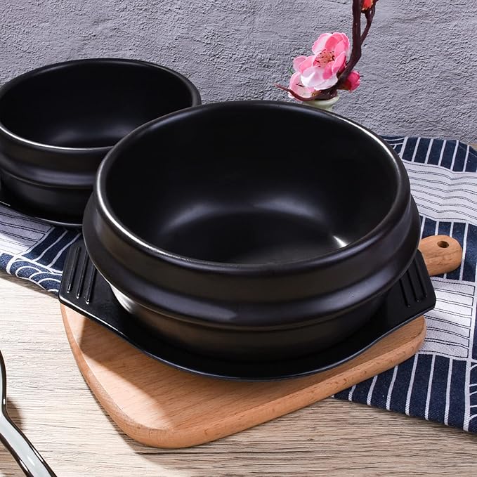 Korean Stone Bowl with Tray - Premium Ceramic Stone Hot Pot for Bibimbap Soup, Stews, and Rice - 37.1 oz Capacity - Dishwasher, Microwave, Oven, and Stovetop Safe