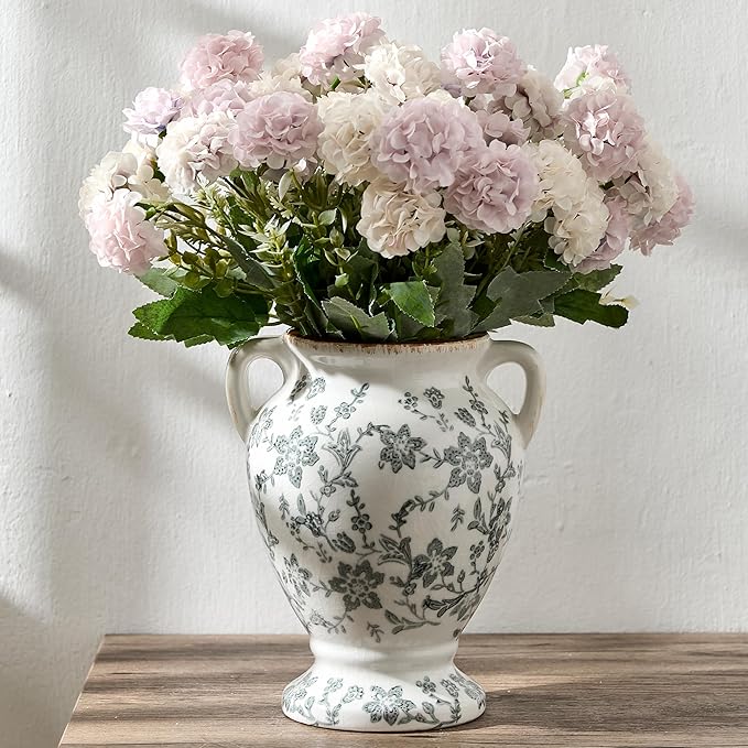 7.87 Inch Vintage Gray Chinoiserie Floral Vase, Antique Rustic Ceramic Vase for Home Decor, Living Room, Bookshelf, Office, Entryway, Garden, Chinoiserie Decor, Tuscan Decor