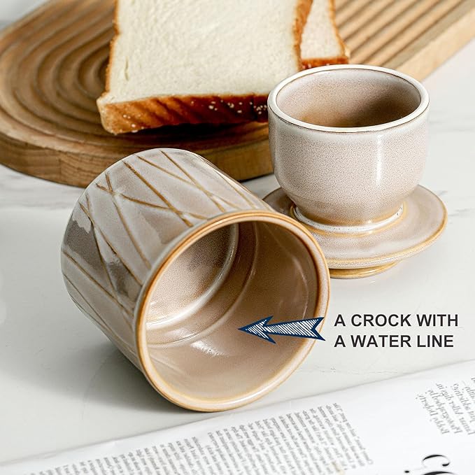 HVH Ceramic Butter Crock with Water Line, French Butter Dish with Lid for Countertop, Butter Keeper for Counter, Butter Holder for Soft Butter, Irregular Striped (Sand Color, 4x4)