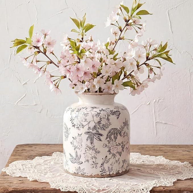 Gray Peach Blossom Chinoiserie Vase, 6.2” Crackle Glaze Ceramic Vase, Hand-Painted Vintage Floral Vase with Distressed Rim, Antique Style Decor for Bookshelf, Tabletop (Gray, 6.2”)