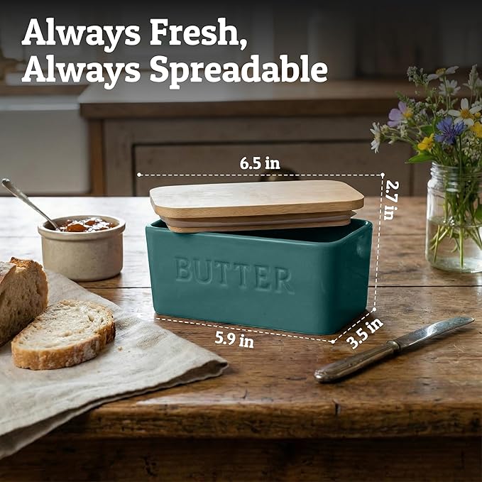 PriorityChef Extra Large Butter Dish with Lid for Countertop, Ceramic Butter Container With Airtight Cover, Butter Keeper for Counter or Fridge, Butter Holder Storage, Teal Blue