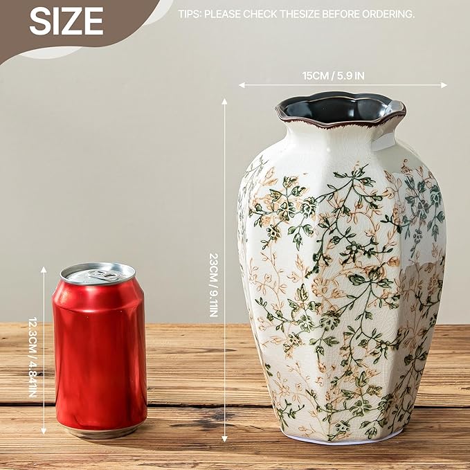 Vintage Pastoral Octagonal Vase, Green and Beige Retro Ceramic Flower Vase, Rustic Farmhouse Vases Chinoiserie Floral Large Vase for Home Decor, Living Room, Kitchen, Bedroom and Shelf 9.1 Inch