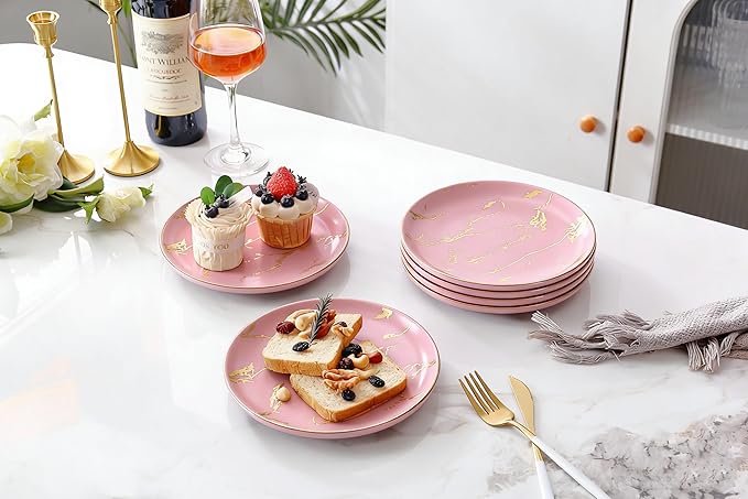6-Piece Dinner Plate Set, 10-Inch PinkMarble Ceramic Plates with Gold Rim, Oven & Microwave Safe, Elegant Appetizer Salad Dessert Plates for Modern Dining, Dishwasher Safe.