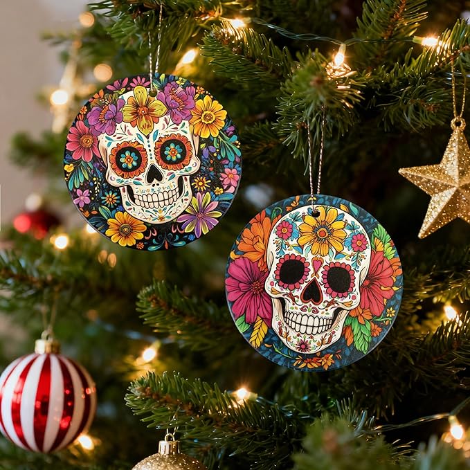 Floral Skull Christmas Ornaments Set of 4,Ceramic Skulls Ornaments for Christmas Tree,Keepsake Ornament Holiday Decoration, Round, Gift Exchange for Home
