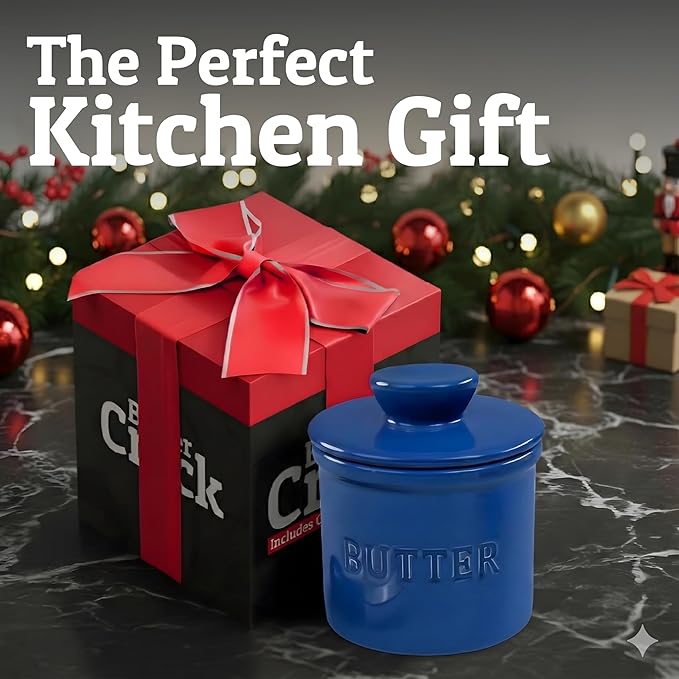 PriorityChef Butter Crock with Lid with Water Line, Ceramic French Butter Dish to Leave On Counter, Dark Blue