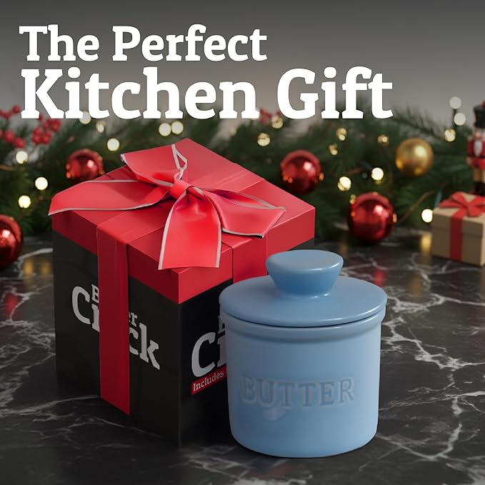PriorityChef Butter Crock with Lid with Water Line, Ceramic French Butter Dish to Leave On Counter, Light Blue