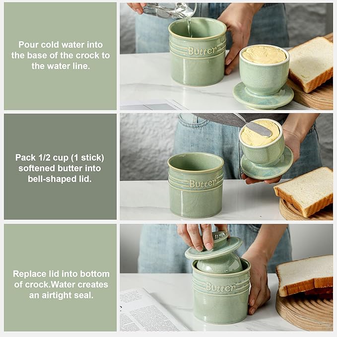 HVH Ceramic Butter Crock with Water Line, French Butter Dish with Lid for Countertop, Butter Keeper for Counter, Butter Holder for Soft Butter (Turquoise, 4 x 4)