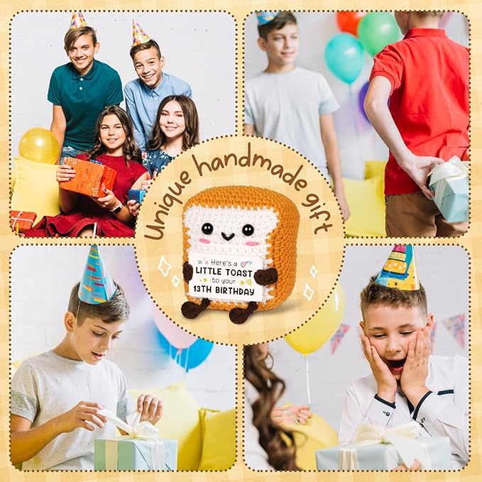 13th Birthday Gifts for Girls Boys, Cute Handmade Crochet Toast Decorations with 13th Bday Card, Unique Birthday Gifts for Teens 13, Gift for Son Daughter Grandchildren from Aunt Uncle