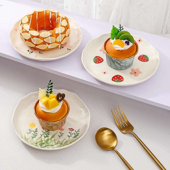 Koythin Ceramic Dessert Plates, Cute Fruits Dinner Plate, Printed Flowers Dinnerware for Office and Home, Kitchen Plates for Desserts (Strawberry)