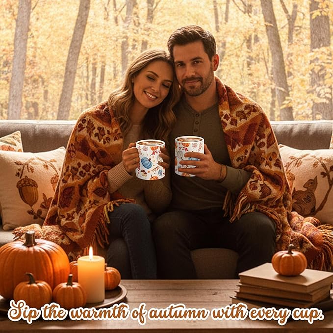 Sliner 11 oz Pumpkin Ceramic Coffee Mugs Set of 2 Thanksgiving Fall Cup Gifts Festive Tea Cup Autumn Holiday Birthday Gifts for Men Women