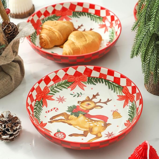 HASENSE Pasta Bowls Set of 4, 38 Ounce Ceramic Salad Serving Bowl for Kitchen,8.8 Inch Large Shallow Bowls for Pasta Soup Salad Dinners,Christmas Holiday Gatherings,Dishwasher & Microwave Safe