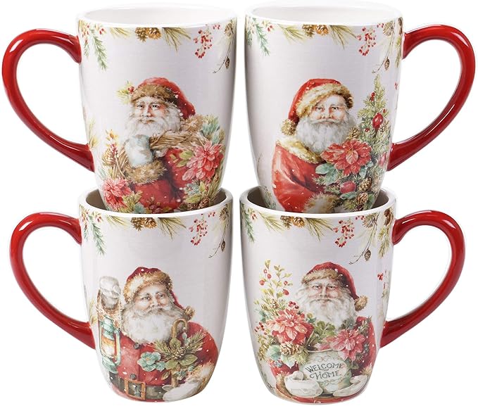 Christmas Story 16pc Dinnerware Set – Service for 4 with Santa Plates, Bowls & Mugs – Vintage Holiday Ceramic Set Featuring Festive Art, Red Accents & Seasonal Charm
