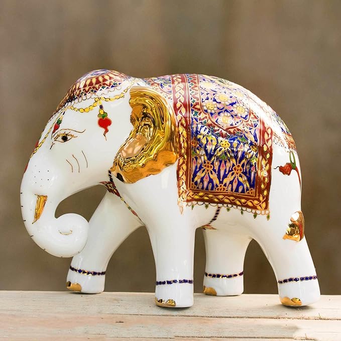 NOVICA White Animal Themed Ceramic Sculpture 'Elegant Elephant'