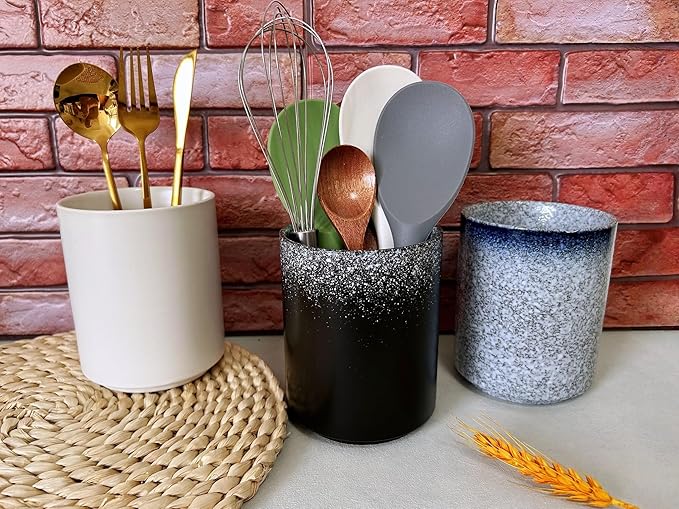 Short Kitchen Utensil Holder for Kitchen Counter, Ceramic Small Utensil Crock & Vase & Holder for Cutlery Spatula Brush Silverware Cooking Utensil Holder (Snow Night)