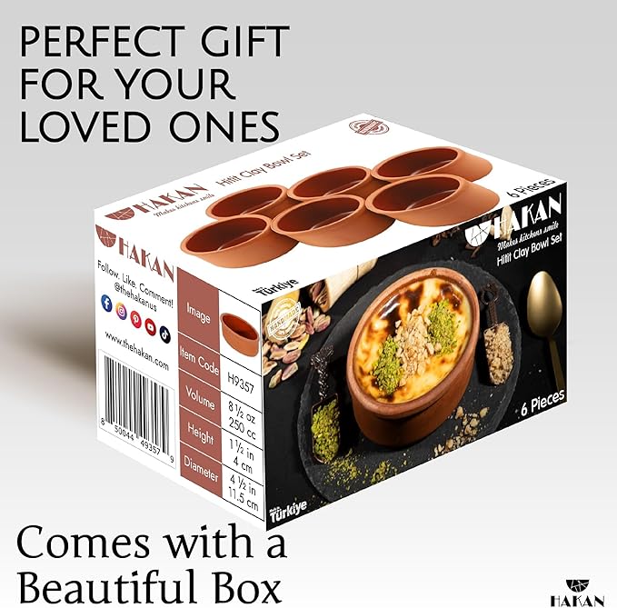 Hakan Hitit Clay Bowl Set of 6, Terracotta 4.5-inch Bowls, 8.5 Oz Glazed Inside Ancient Pottery, Cooking Clay Bowls in Box, Turkish Clay Yogurt Pots, Earthenware for Mexican Dishes, 6 Pcs, 250 cc