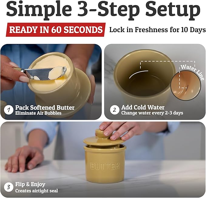 PriorityChef Butter Crock with Lid with Water Line, Ceramic French Butter Dish to Leave On Counter, Khaki