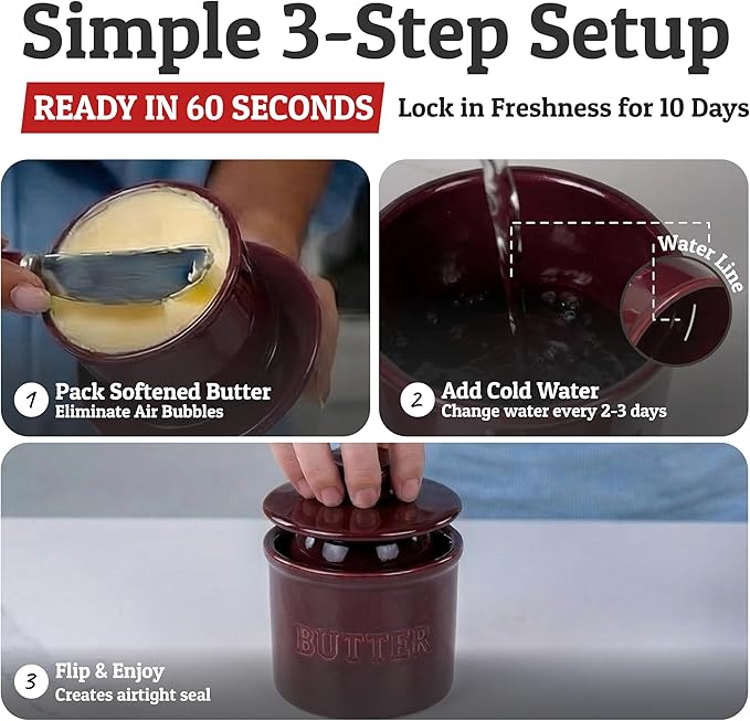 PriorityChef Butter Crock with Lid with Water Line,Ceramic French Butter Dish to Leave On Counter, Maroon