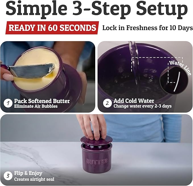 PriorityChef Butter Crock with Lid with Water Line,Ceramic French Butter Dish to Leave On Counter, Purple