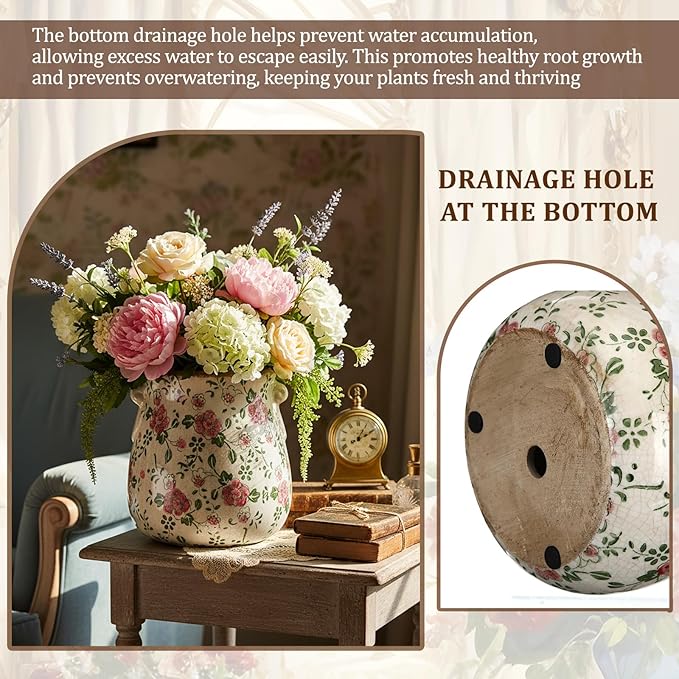 Ceramic Scroll Planter 6.5 Inch Chinoiserie Floral Vase with Drainage Holes Vintage Flower Vase Flower Pot Rustic Ceramic Pots for Indoor Plants Garden Home Bookshelf Decor (Red Plum)