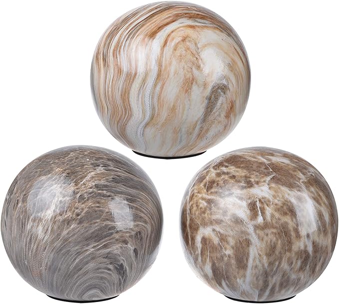 A&B Home Tan Decorative Marble Balls - Flat Base Table Centerpieces Beige Marbleized Ball with Flat Side, Set of 6 Ceramic Spheres, 4 inch
