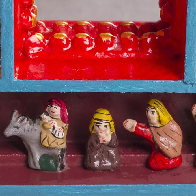NOVICA Artisan Handmade Wood Wall Mirror Nativitythemed Ceramic from Peru Multicolor Decor Mirrors Retablos Angel Folk Art [8.25in H x 6in W x 1.4in D] ' Nativity Reflection'