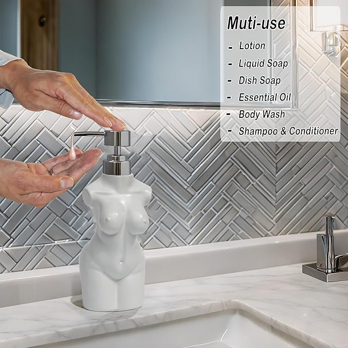 Ceramic Girl Soap Dispenser,Lotion and soap Dispenser Refillable Liquid Hand Soap Dispenser for Bathroom and Kitchen (White)
