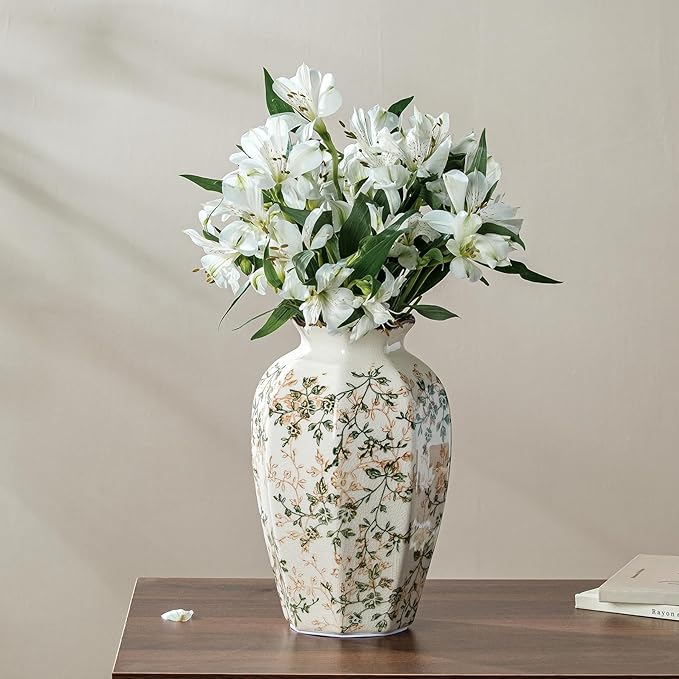 Vintage Pastoral Octagonal Vase, Green and Beige Retro Ceramic Flower Vase, Rustic Farmhouse Vases Chinoiserie Floral Large Vase for Home Decor, Living Room, Kitchen, Bedroom and Shelf 9.1 Inch