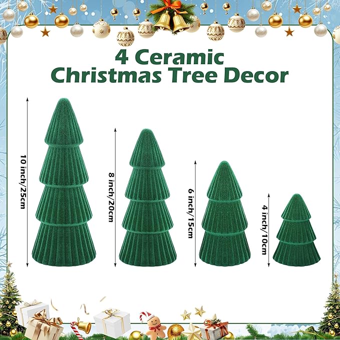 Aneco 4 Pack Velvet Ceramic Christmas Tree Christmas Indoor Decorations Modern Cone Xmas Tabletop Decor for Home Entryway Table Mantel Centerpiece Winter Holiday Party Supplies, Green