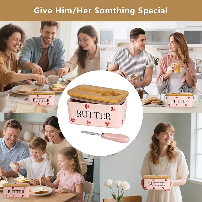 Pink Ceramic Butter Dish with Bamboo Lid and Knife, Cute Butter Holder,Large Covered Butter Container for Refrigerator, Butter Keeper with hearts design, Unique Kitchen Decor Gift(pink love)