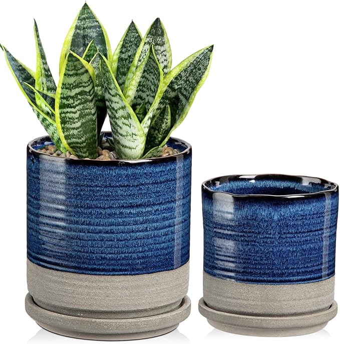 Ceramic Plant Pots Indoor, 5+6inch Outdoor Planter with Drainage Hole and Saucer, Round Succulent Orchid Flower Pot Set, Gardening Home Desktop Office Windowsill Decoration Gift