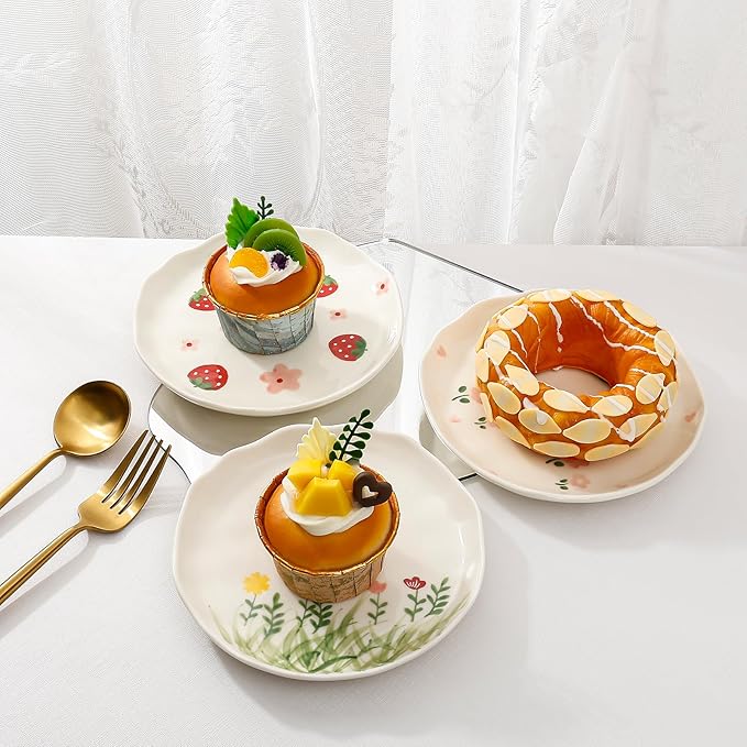 Koythin Ceramic Dessert Plates, Cute Fruits Dinner Plate, Printed Flowers Dinnerware for Office and Home, Kitchen Plates for Desserts (Strawberry)