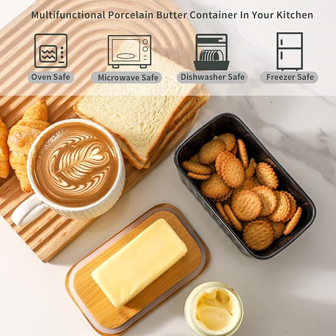 Hasense Ceramic Butter Dish with Lid, Black Large Butter Container for Countertop Airtight Butter Stick Covered Keeper, Embossed Pattern,Easy Clean Dishwasher Safe