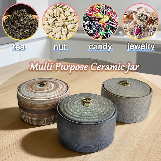 Dark Stoneware Ceramic Jar with Lid, 20.29 Oz Ceramic Tea Canister, Kitchen Countertop Decorative Sealed Storage Jar for Candy Nut Coffee Bean (Stone Black)