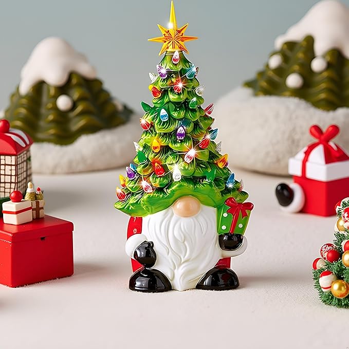 Lighted Ceramic Gnome Christmas Tree, 8 Inch Glowing Tabletop Decor for Home Holiday Christmas Decorations
