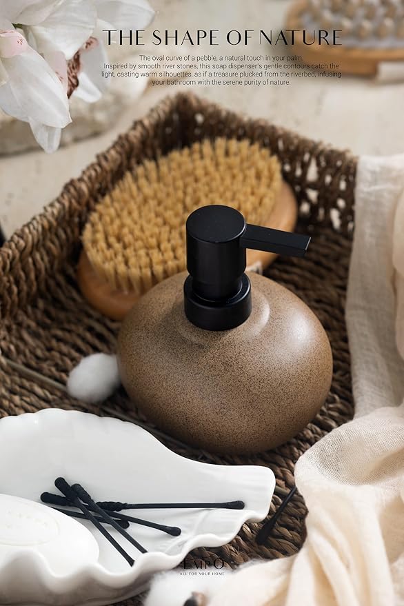 EMPO Stone-Textured Vintage Ceramic Dispenser, High-Color Rough Modern Zen Black ABS Press Bottle for Hand Soap, Shampoo, Conditioner for Bathroom and Kitchen (300ml/10.14oz)