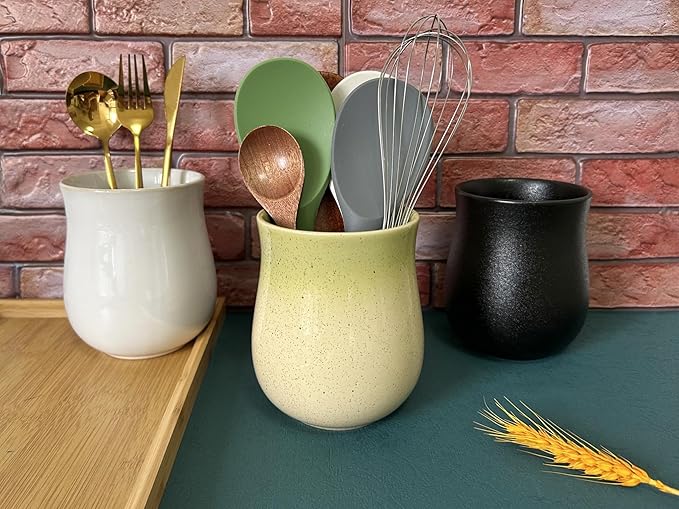 Short Kitchen Utensil Holder for Kitchen Counter, Ceramic Small Utensil Crock & Vase & Holder for Cutlery Spatula Brush Silverware Cooking Utensil Holder (Yellow Green)