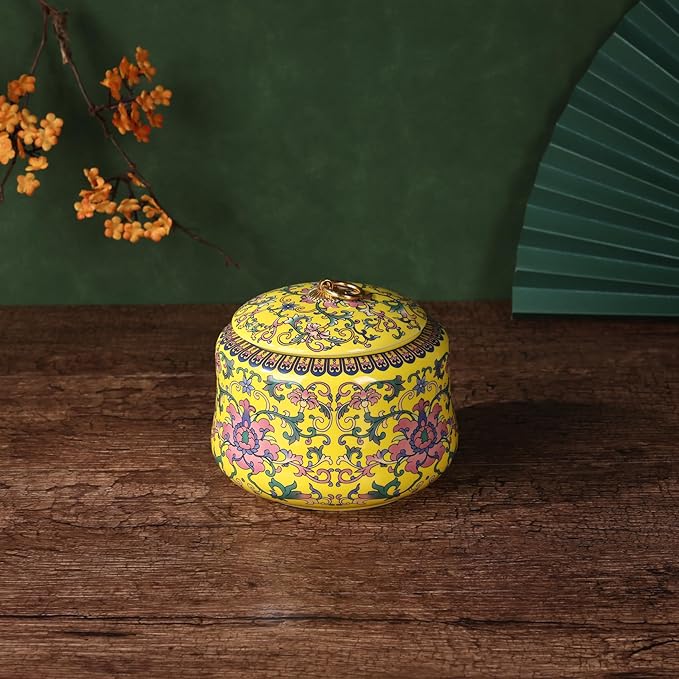 Handmade Chinoiserie Enamel Ginger Jar with Lid,Decorative Storage Jar for Loose Tea,Nuts & Snacks,Ceramic Vase Style Home Decor Canister,Colorful Jar for Kitchen,Living Room (Yellow Jar)