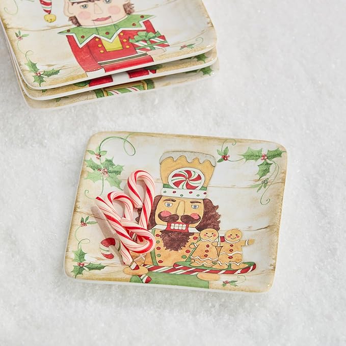 Nutcracker Parade Ceramic Holiday Dessert Plates Set – Santa, Elf, Toy Soldier, Snowman Art for Christmas Entertaining & Festive Tabletop Décor