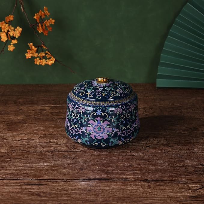 Handmade Chinoiserie Enamel Ginger Jar with Lid,Decorative Storage Jar for Loose Tea,Nuts & Snacks,Ceramic Vase Style Home Decor Canister,Colorful Jar for Kitchen,Living Room (Blue Jar)