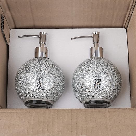 WHOLE HOUSEWARES | Glass Mosaic Hand Soap Dispenser for Bathroom | Lotion Bottle for Kitchen, Bathroom with Chrome Plated Plastic Pump |14 Ounce Set of 2 (Silver)