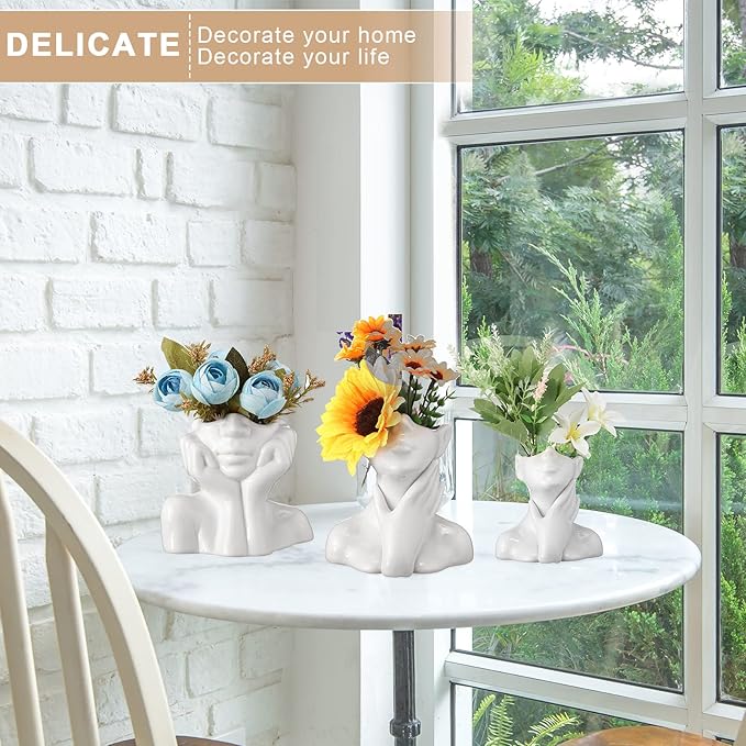 Sieral 3 Pcs Ceramic Face Vase Female Form Flower Modern Body Vase for Decor with Head Half Body Bust Centerpiece for Table Shelf Home Bedroom Room Office(Small,White)