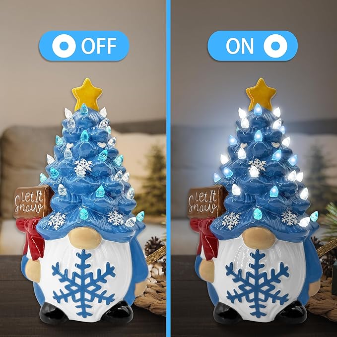 Winter Gnomes Ceramic Tree Decor, Blue Winter Decorations for Home Ceramic Tree with Light Up, Christmas Blue Gnome Lighted Figurines for Table Centerpieces Home Decor Indoor Outdoor Party