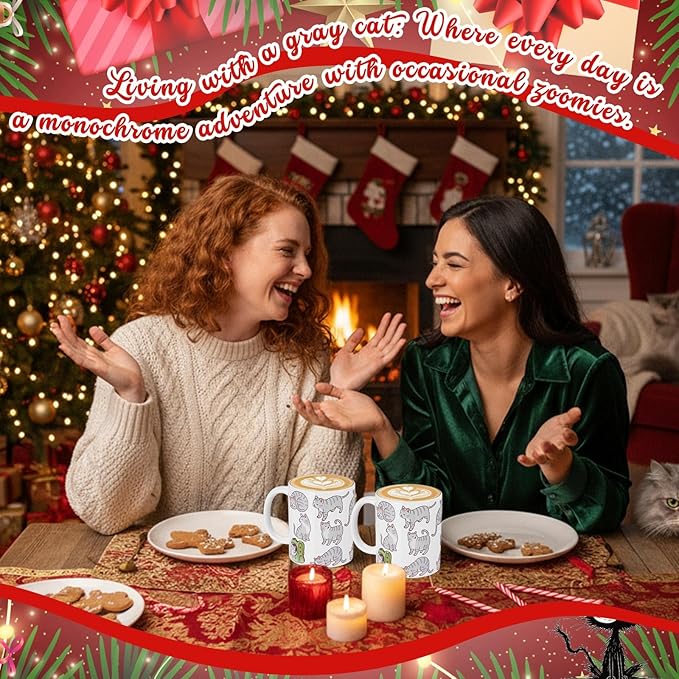 Sliner 2 Set Gray Tabby Cat Coffee Mugs Gifts 11 oz Cat Mom Ceramic Coffee Cups Tea Cup Funny Holiday Birthday Gifts for Men Women Cats Lovers