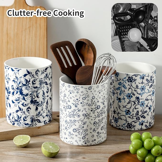 Kitchen Utensil Holder, Large Utensil Holders for Countertop, Blue and White utensil Crock for Tools, Ceramic Spatula Holder Kitchen Decor, Apartment Essentials（7.2in×6.2in）